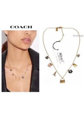 NWT COACH Mini Tabby/ Rexy & Iconic Charms 12-K Gold Plated CZ Crystals Necklace